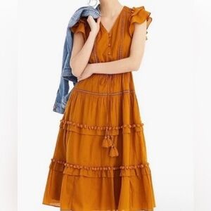 JCrew Point Sur Pom-Pom Flutter Sleeve Cotton Midi Dress in Caramel - EUC